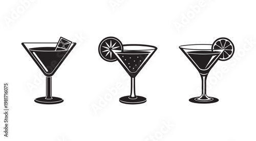 Cocktail glasses with ice and lemon slices on white background for drink and beverage concepts  three black and white illustrations of martini glasses