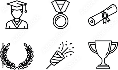 Achievement and Award Icons Set, Featuring Graduate, Medal, Trophy, Diploma, Confetti, and Laurel Wreath in Minimalist Line Art Style