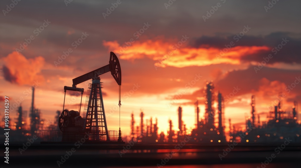 Obraz premium Oil Pump Silhouette Against Sunset Over Industrial Refining Factory