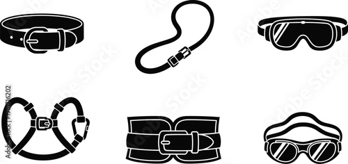 Set of Black and White Accessories Icons, Including Belts, Harnesses, and Goggles in Minimalist Style