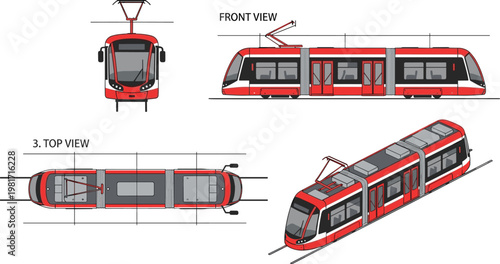 Red and Gray Tram Vector Set with Front, Top, and Side Views, Modern Transport Design for Urban Transportation Concepts