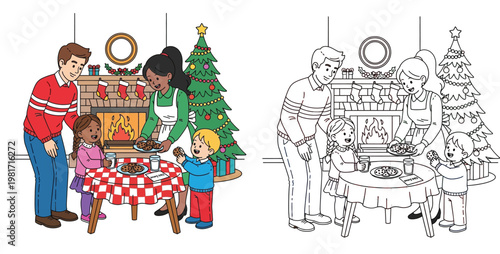 Happy family celebrating Christmas with cookies and fireplace illustration set and line art coloring page for kids