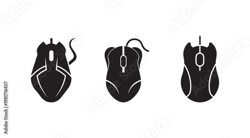 Computer mouse icons in different positions and angles for technology and computing concepts  various black computer mice with cords