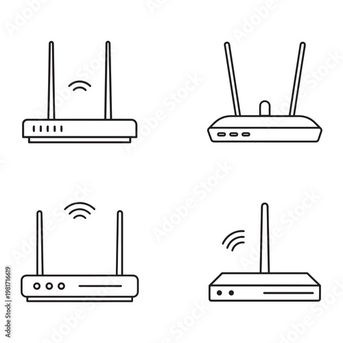 Four different wireless router designs with antennas and signal indicators  various internet WiFi devices for network and connectivity purposes