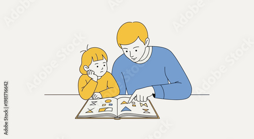 Father and daughter reading a book together, teaching, learning, family bonding, simple illustration