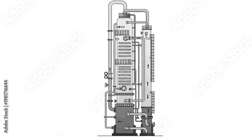 Industrial distillation column schematic diagram, chemical engineering process equipment
