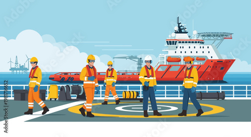 Offshore Crew on Helideck with Supply Vessel and Wind Turbines