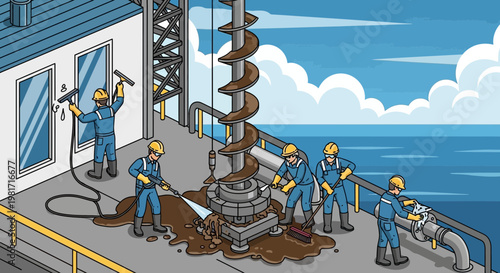 Offshore oil rig crew cleaning drilling equipment and deck at sea