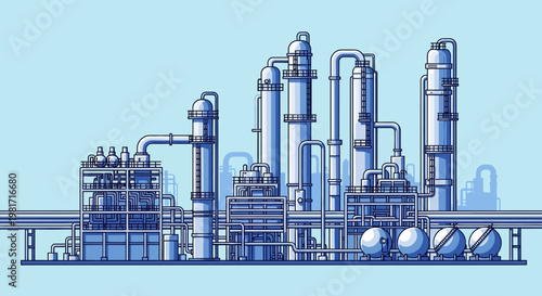 Modern Industrial Chemical Plant Complex with Pipes and Towers, Blue Tones