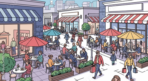 Bustling Outdoor Shopping Street with Cafes, Shoppers and Buildings