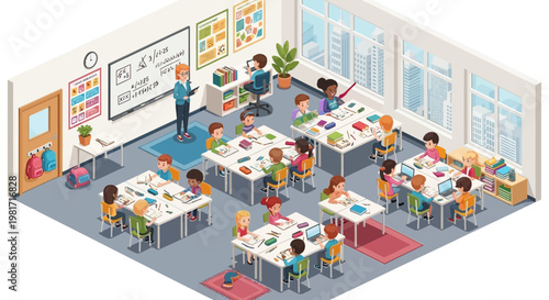 Diverse children learning in bright isometric elementary school classroom with teacher