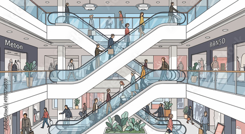 Modern Shopping Mall Interior with Escalators and Shoppers