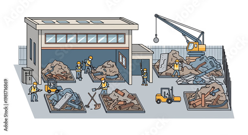 Recycling yard with workers, crane, and heavy machinery processing scrap metal.