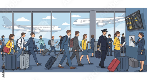 Airport scene with passengers and pilots walking, airplanes outside window, departure board