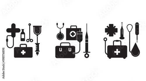 Medical icons and symbols for healthcare and first aid  various medical tools and equipment for emergency care and treatment  medical kit and supplies