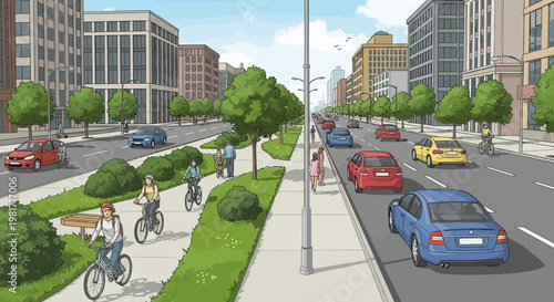 Vibrant Cityscape with Greenery, Pedestrians, Cyclists, and Traffic