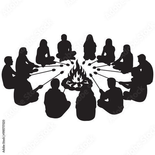 People sitting around campfire roasting marshmallows