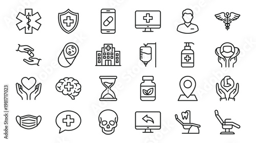 Medical icons set a comprehensive collection of healthcare symbols and emergency service representations in line art style
