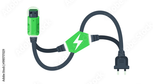 Green USB charging cable with European power plug and lightning bolt icon. Electric energy transfer and device connection.