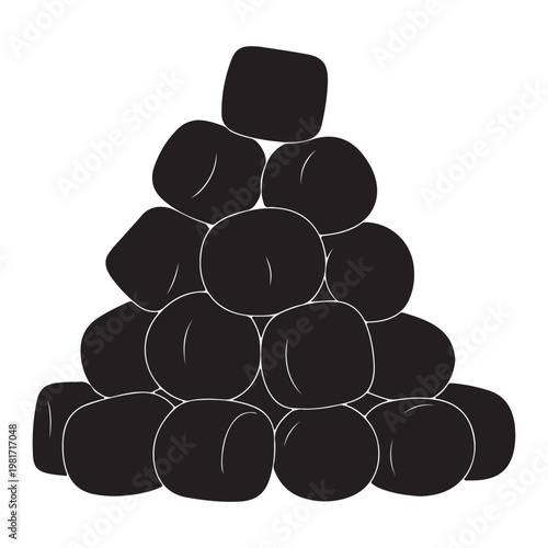 Pile of black marshmallows in a pyramid shape with roasting