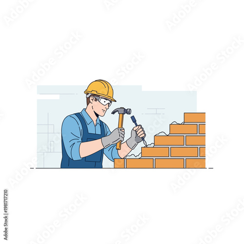 Construction worker laying bricks with hammer construction bricklayer