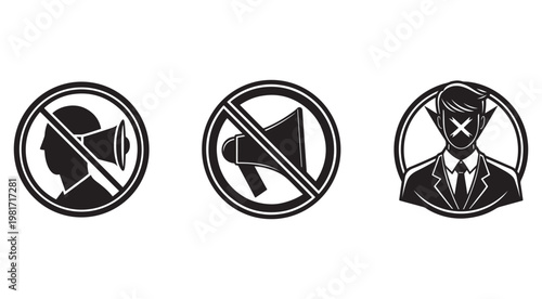 No speaking signs with megaphone and man  no talking icons  silence signs  communication and censorship symbols