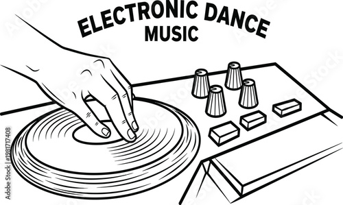 Black and White Graphic Illustration of a DJ Hand Mixing on a Turntable for Electronic Dance Music Isolated on White Background
