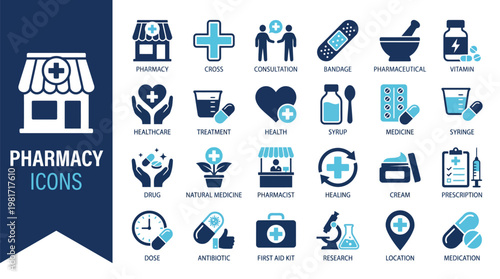 Comprehensive pharmacy icon set healthcare medicine and pharmaceutical services visual representation