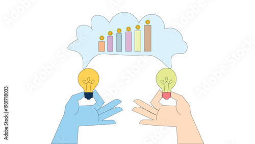 Two hands holding lightbulbs with financial growth chart concept vector illustration.