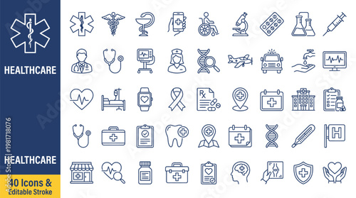 Comprehensive healthcare icons set medical symbols tools and emergency services visual representation