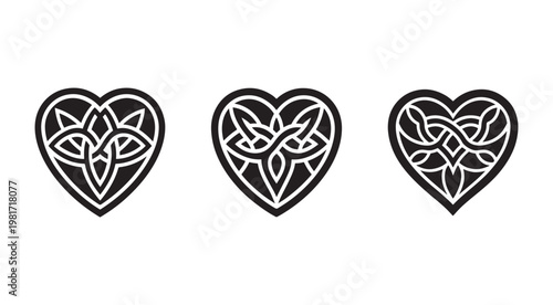Set of black and white celtic knot heart shapes  ornate designs  symbol of love and spirituality  decorative elements  intricate patterns