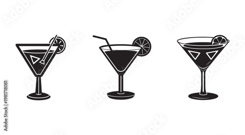 Set of black and white cocktail glasses with lemon slices and straws on white background  simple illustration