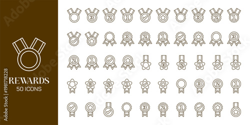Reward and Loyalty Icon Set with Trophy, Badge, Coupon, Medal and Achievement Symbols Vector Collection