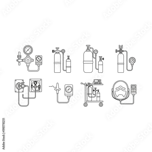Medical oxygen cylinder and breathing apparatus icons set with cylinder