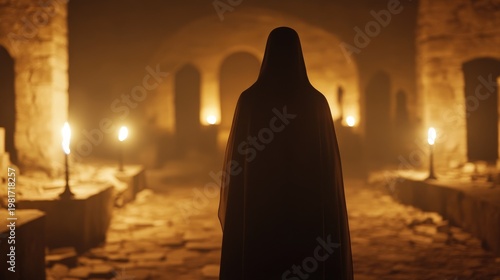 Silhouette figure in ancient building