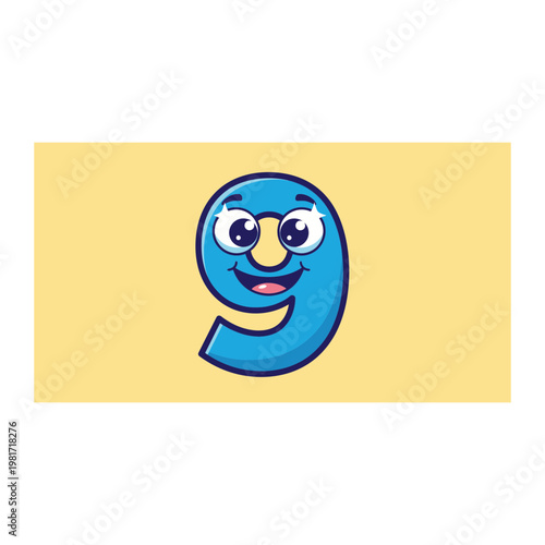 Cute cartoon number nine character with cheerful expression character cheerful