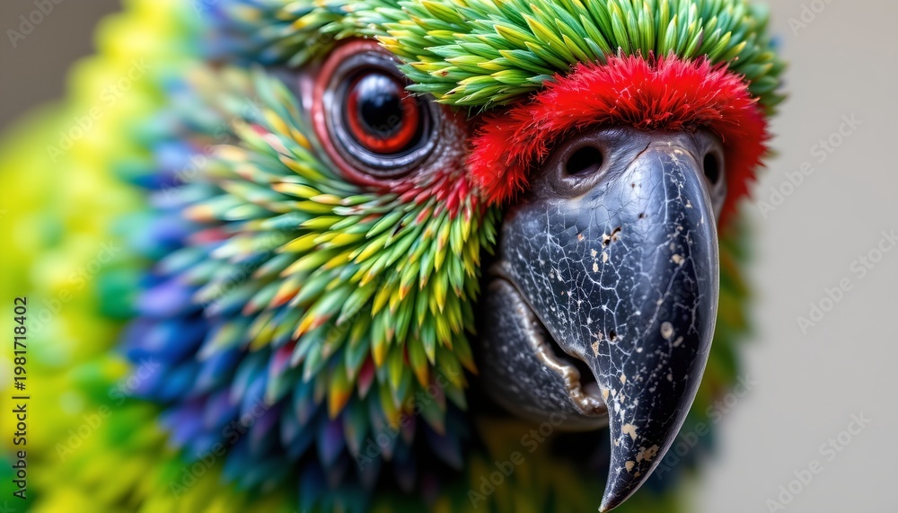 Fototapeta premium The image features a close up view of a vividly colored parrot, highlighting its striking plumage and facial features