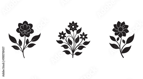 Set of black silhouettes of flowers and leaves on white background  simple floral designs  minimalistic flower illustrations