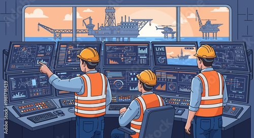Oil rig control room, engineers monitoring offshore platform operations on screens