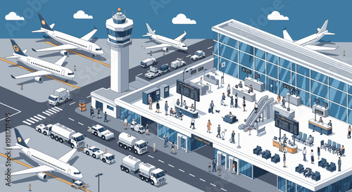 Isometric Airport Scene: Terminal, Airplanes, Control Tower, Vehicles, and People