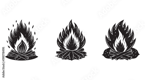 Set of campfires with different flames and logs on white background  burning wood piles with sparks  fireplaces for outdoor activities