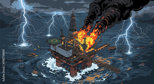 Burning Oil Rig Disaster in Stormy Seas with Lightning Strikes