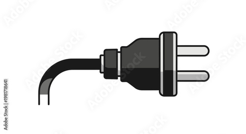 Vector illustration of a black electrical plug with two pins, representing power, connection, and energy supply.