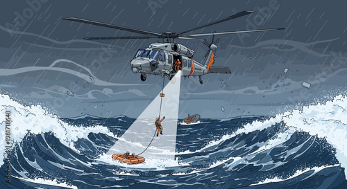 Coast Guard Helicopter Rescue Operation in Stormy Seas