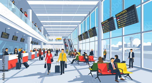 Busy airport terminal interior with travelers, check-in counters, departure boards, and escalators.