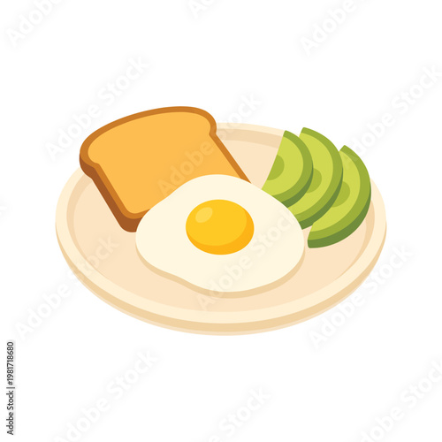 Healthy Breakfast Plate Vector with Fried Egg Toast and Avocado, Minimal Flat Food Illustration, Clean Modern Kitchen Meal Design, Organic Morning Food Concept