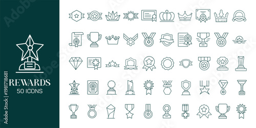 Reward and Loyalty Icon Set with Trophy, Badge, Coupon, Medal and Achievement Symbols Vector Collection
