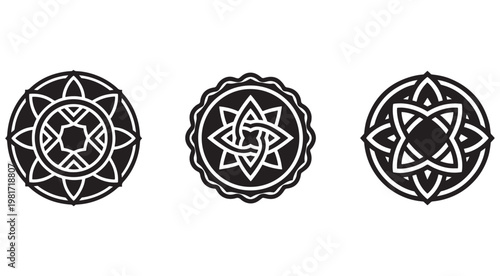 Set of three black and white mandala designs on white background  geometric patterns