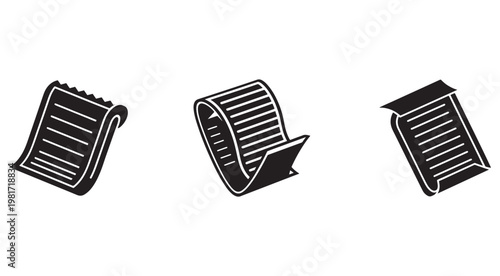 Set of three black and white receipt paper roll icons in different orientations  isolated on transparent background