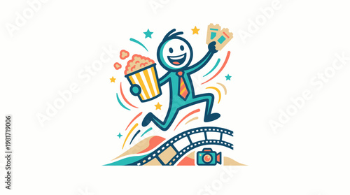Excited Cartoon Person Ready for Movie Night